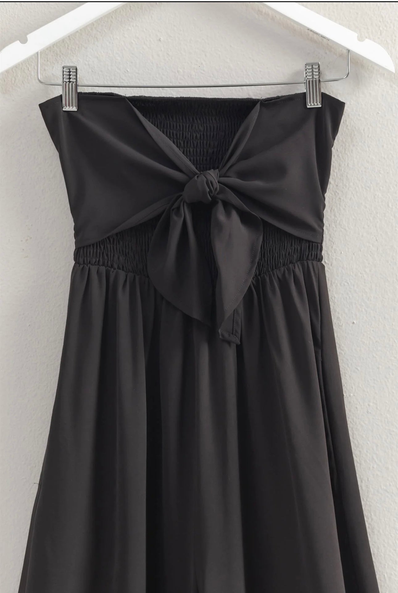 Strapless Tie Front Smocked And Flowy Legs Jumpsuit