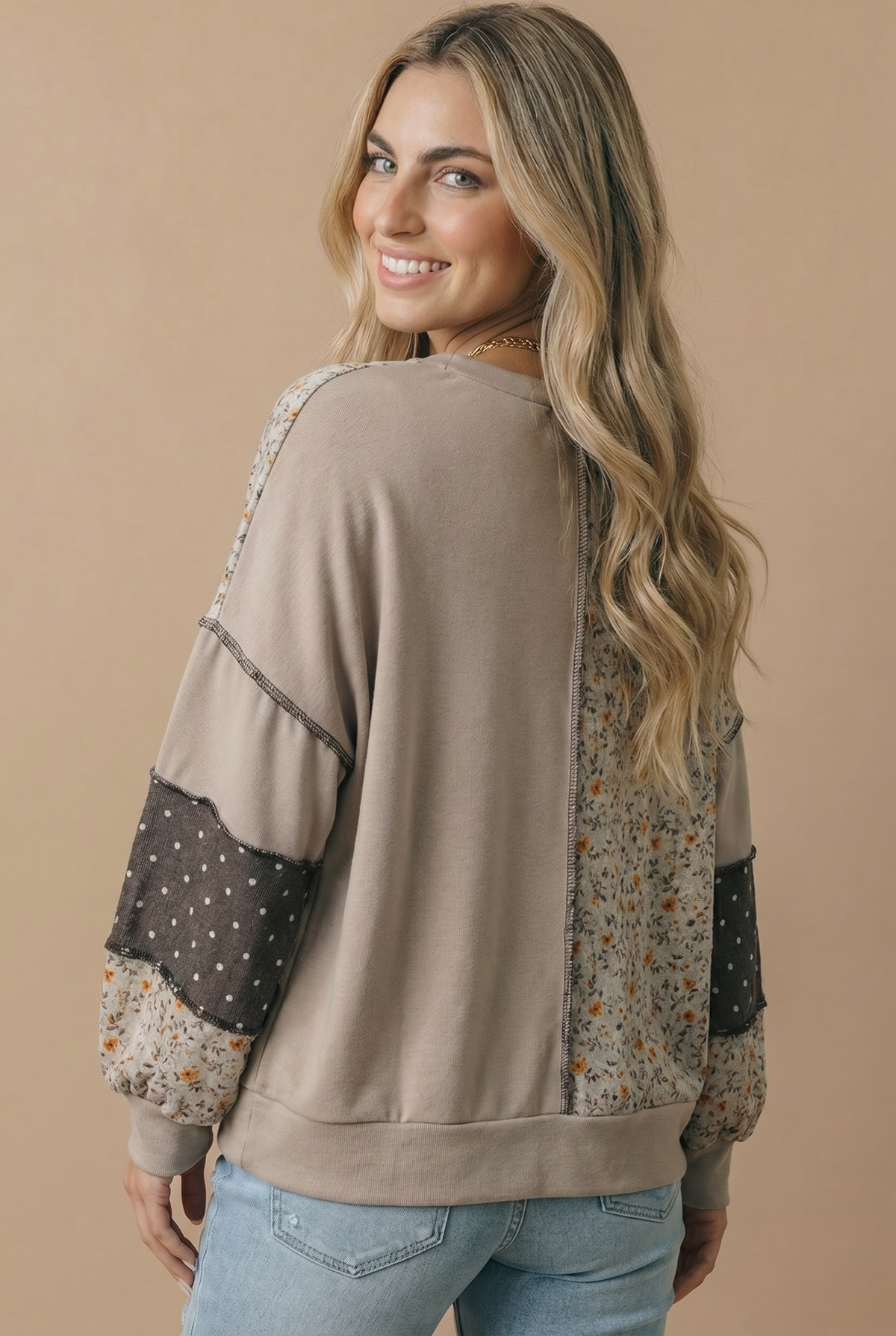 Round Neck Mixed Print Patchwork Pullover: GREY/CHARCOAL / S