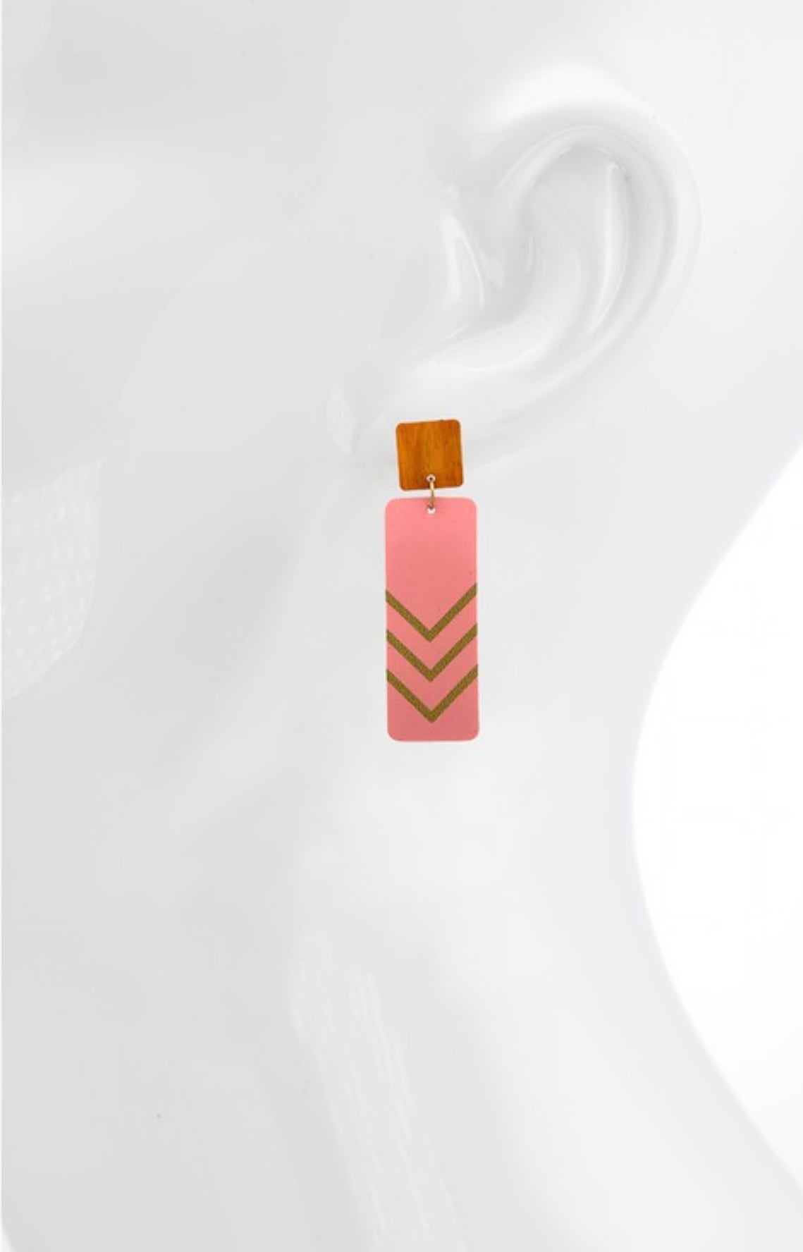 Wood and Leather Pink Chevron Drop Earrings