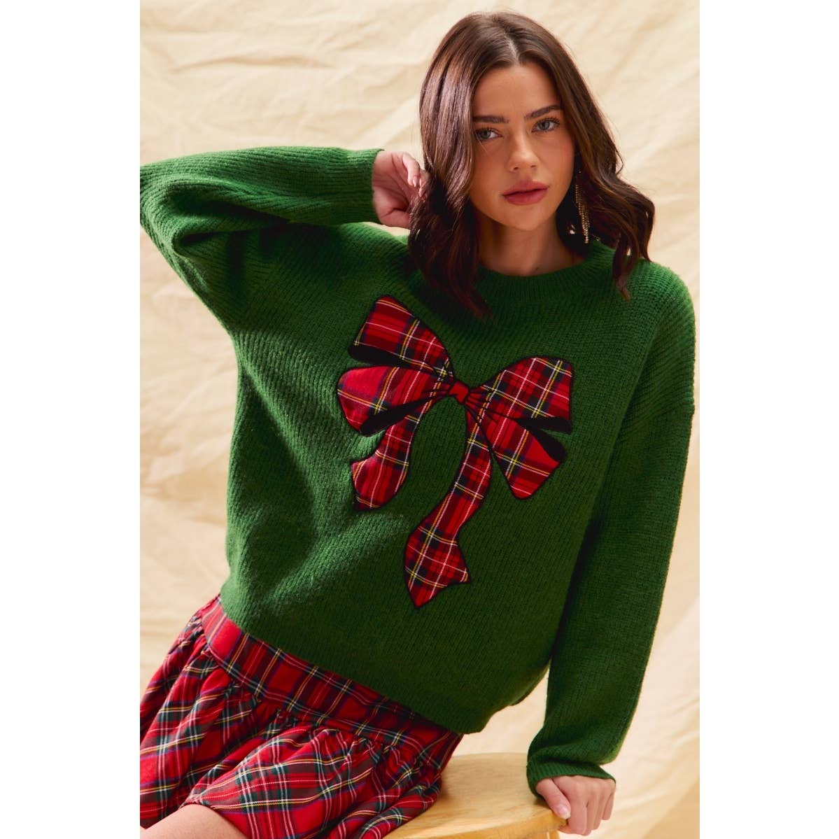 CHECKER PLAID RIBBON CHRISTMAS HOLIDAY SWEATER TOP: GREEN / S
