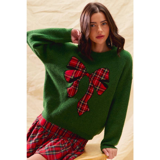 CHECKER PLAID RIBBON CHRISTMAS HOLIDAY SWEATER TOP: GREEN / S