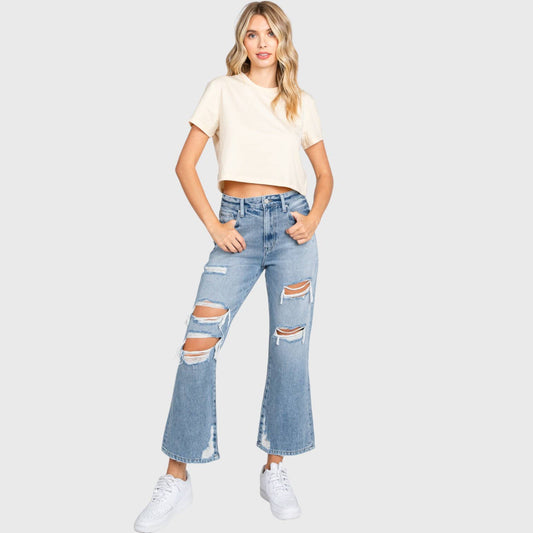 DISTRESSED HIGH RISE RIGID VINTAGE CROPPED JEAN