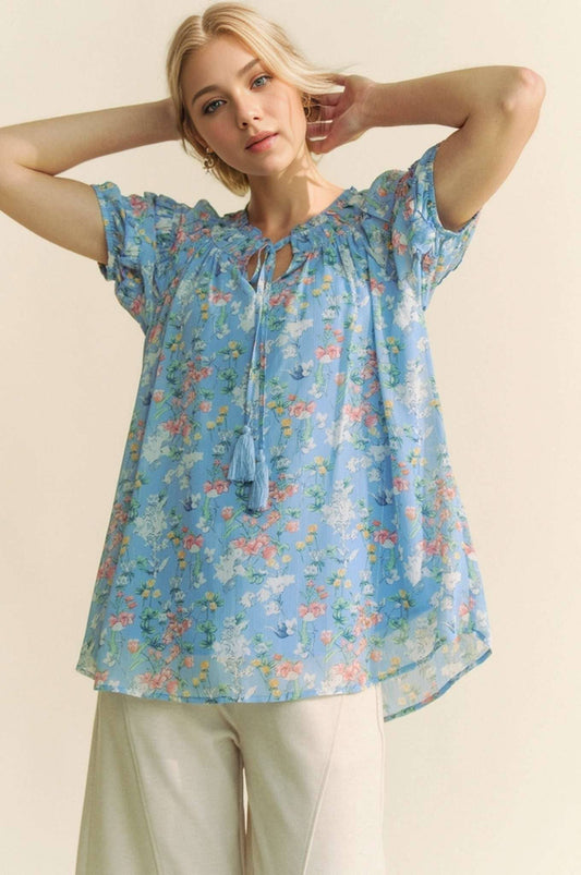 PRINTED RUFFLE SHORT SLEEVE TOP