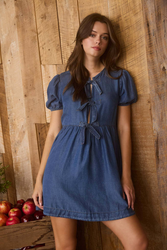 DARK CHAMBRAY FRONT TIE PUFF SLEEVE MINI DRESS