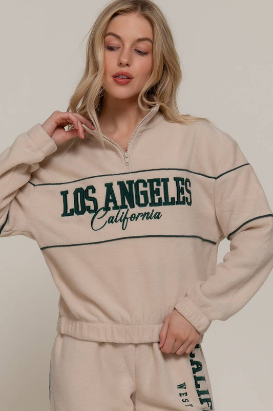 Quarter ZipMock Neck Embroidery Fleece Top