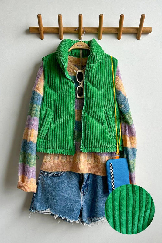 Zig-Zag Padded Corduroy Puffer Vest Jacket: