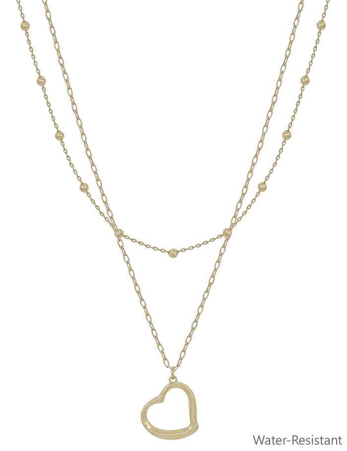 Water Resistant Gold Open Heart with Chain Double Layered Necklace