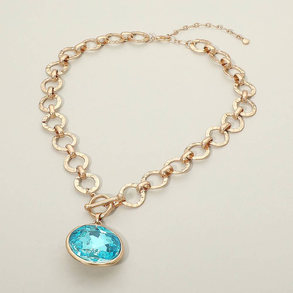 Bold Oval Gemstone Pendant Brushed Metal Chunky Chain Toggle Necklace: Green
