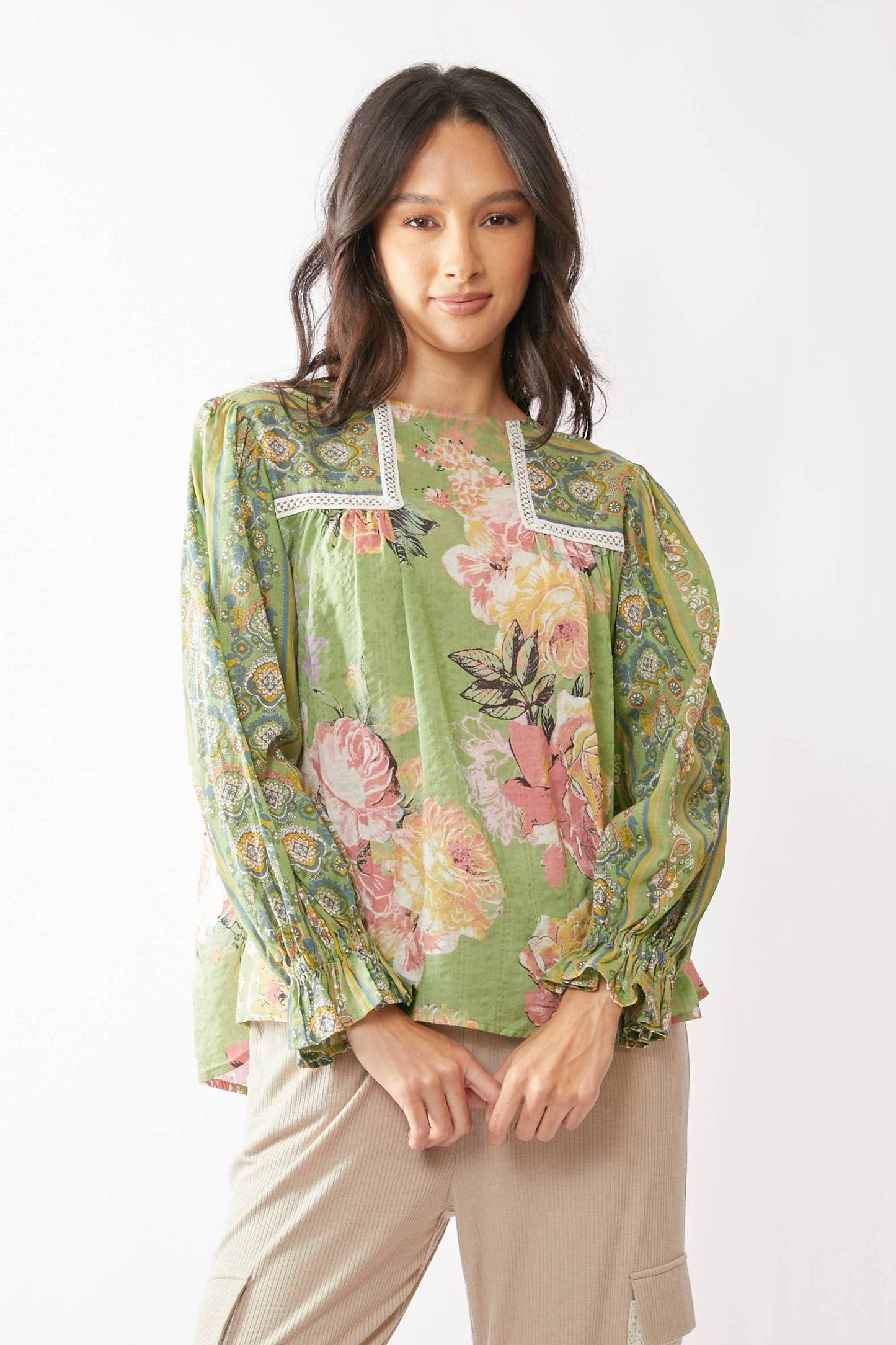 FLOWER BOHO STRIPE PEASANT BABYDOLL TOP