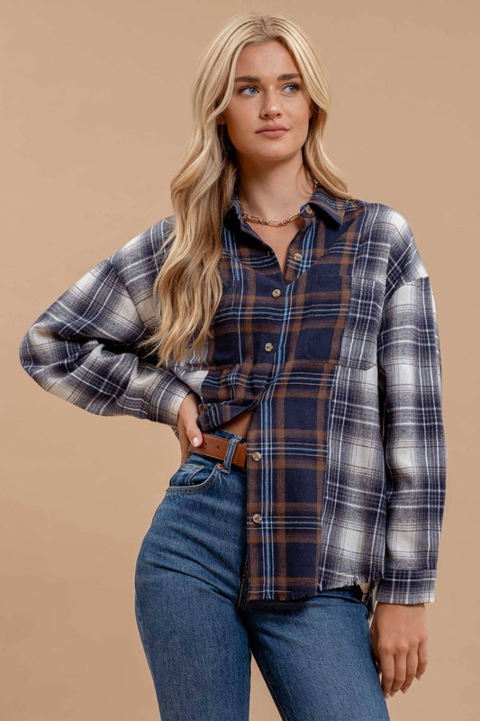 PLAID PATCHWORK BUTTON DOWN FLANNEL: NAVY MULTI