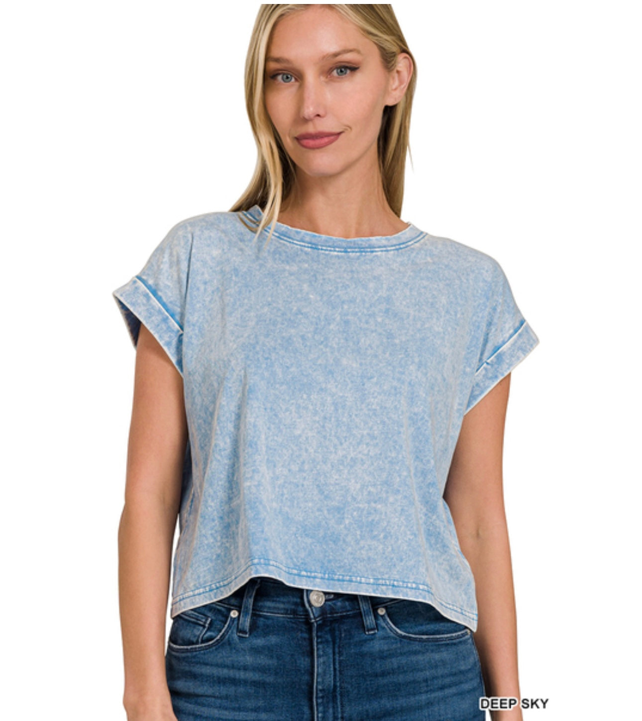 Acid Wash Cuffed Short Sleeve Top