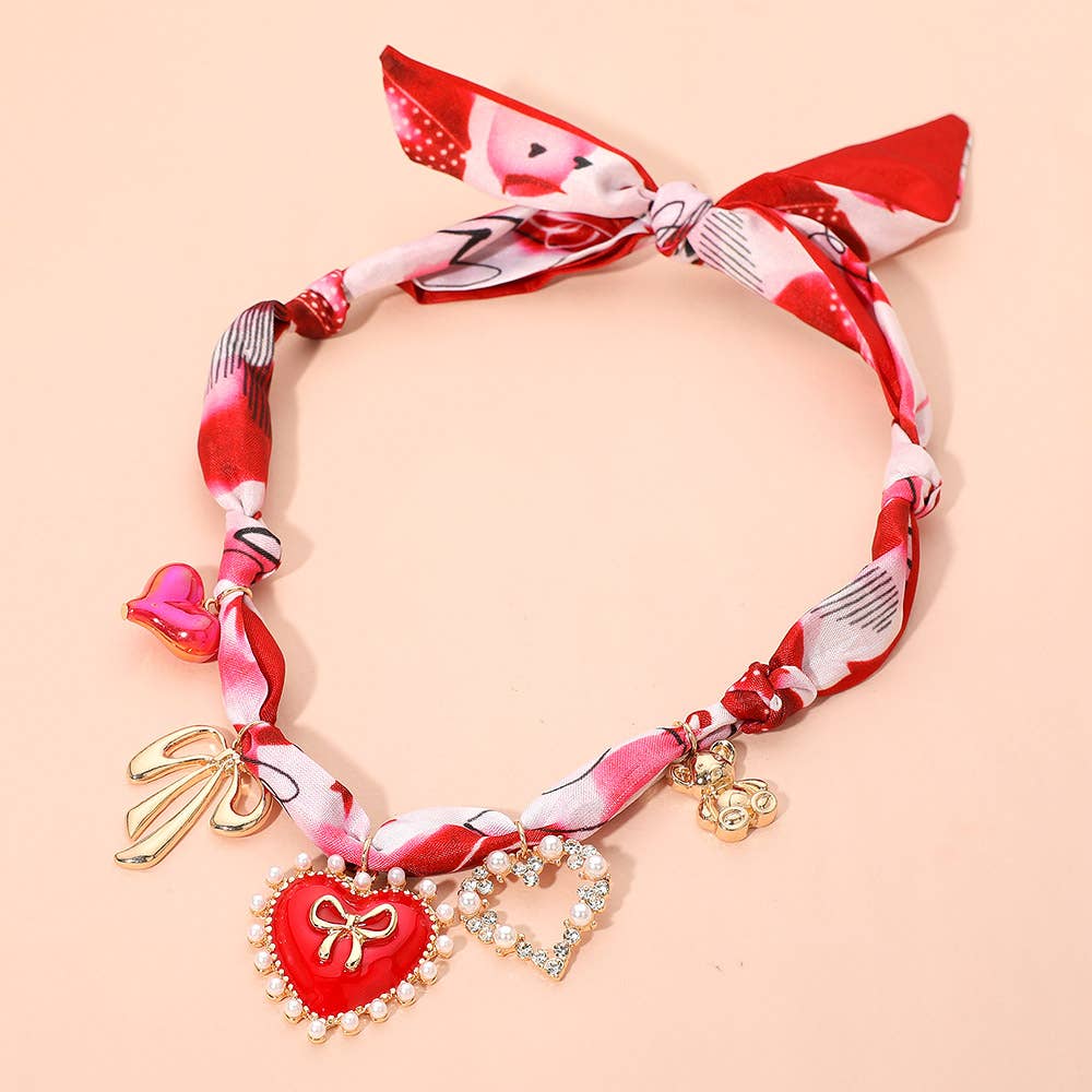 Heart Bow Teddy Bear Charm Fabric Scarf Necklace