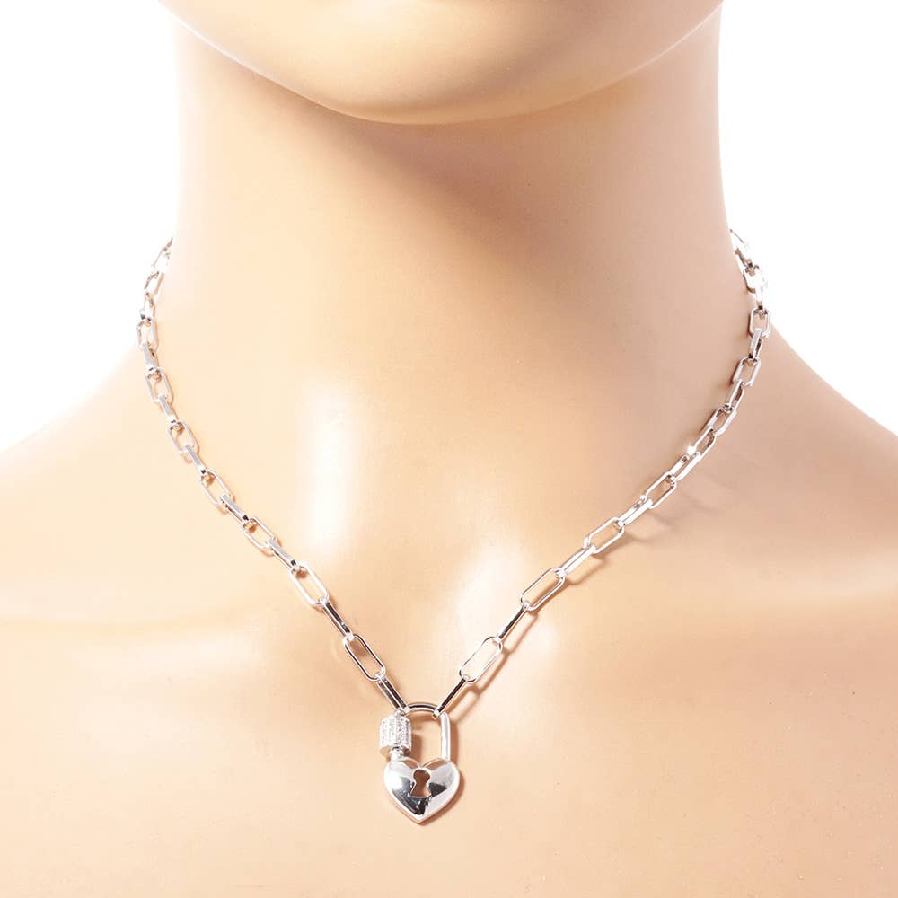 Gold Dipped CZ Paved Heart Lock Pendant Paperclip Necklace: Gold