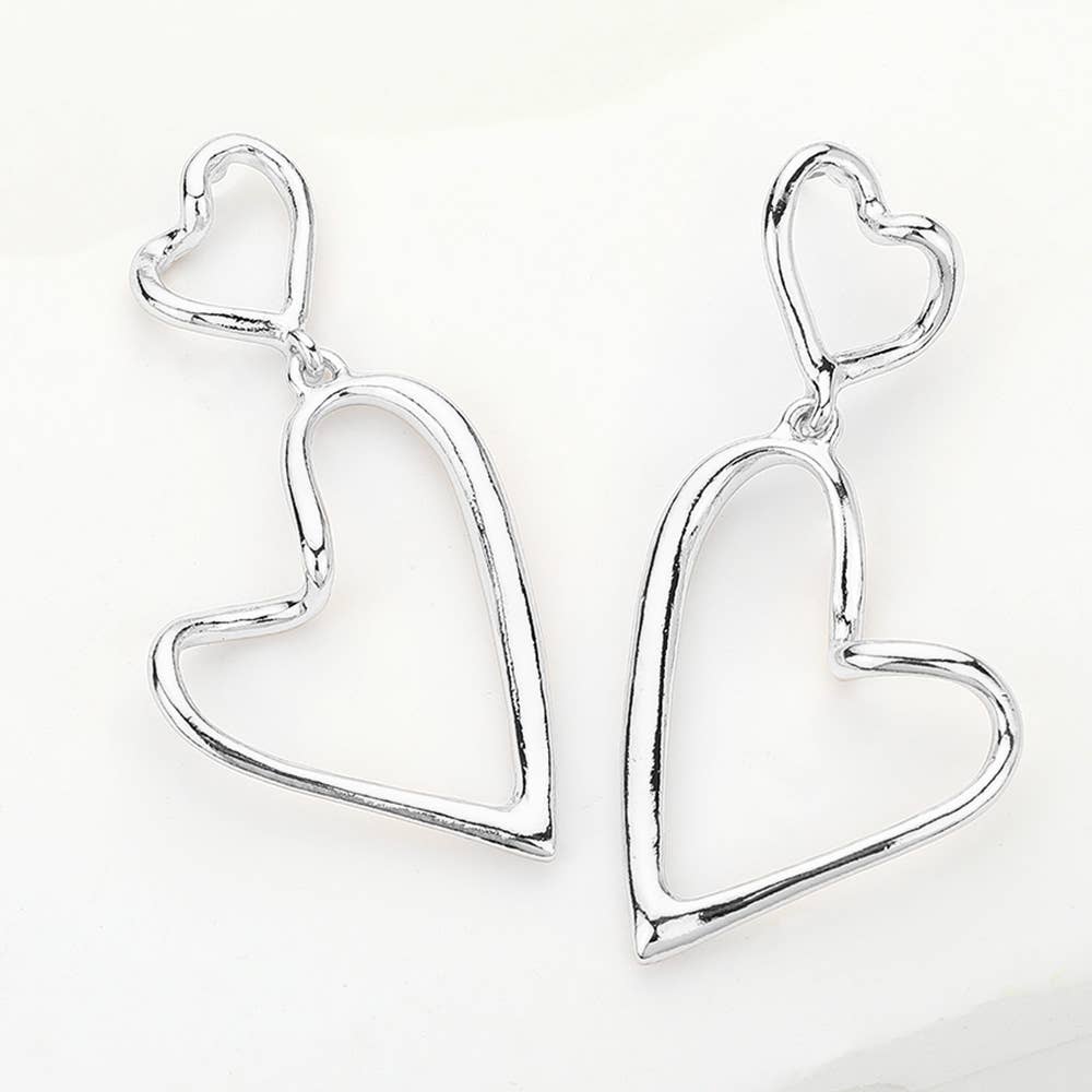 Double Hammered Metal Open Heart Dangle Earrings