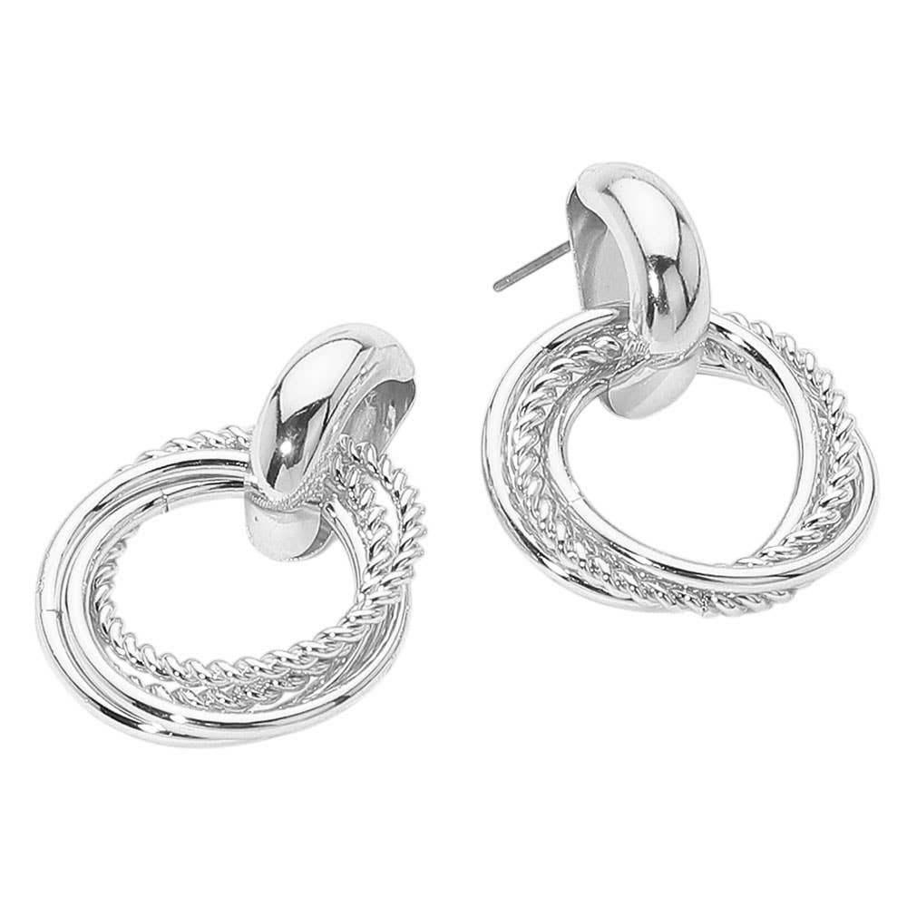 Textured Metal Interlocking Door Knocker Earrings: Silver