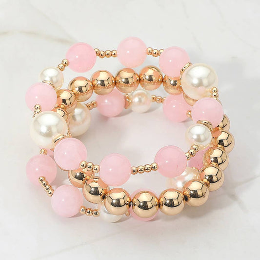 3PCS - Round Pearl Mixed Beaded Stretch Multi Layered Bracelets: Gold,Pink