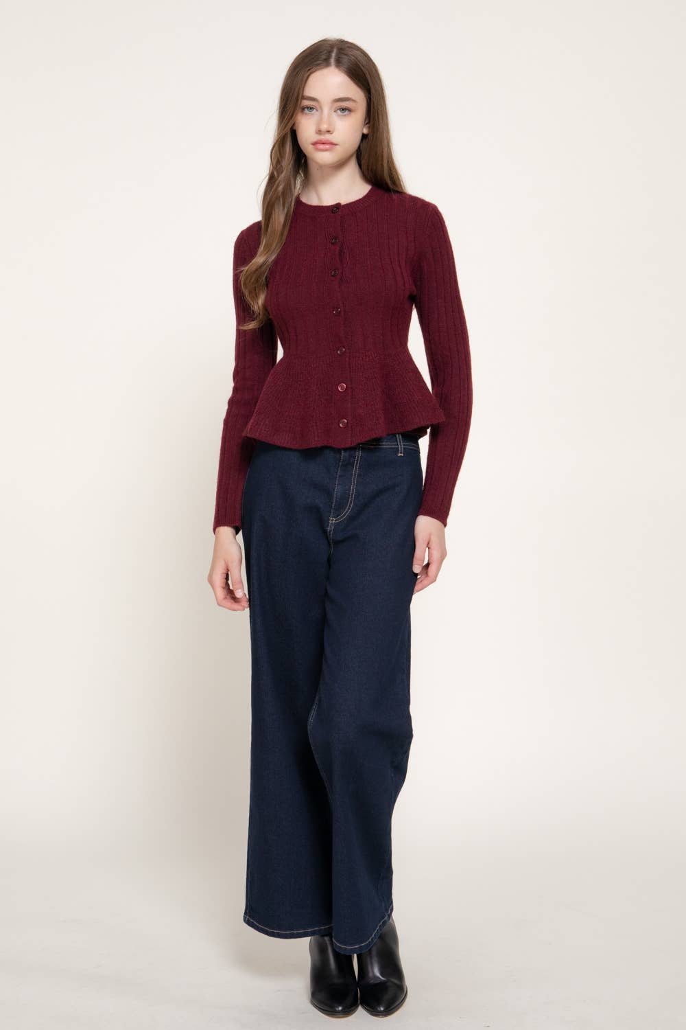 Round Neck Button Down Peplum Sweater Cardigan