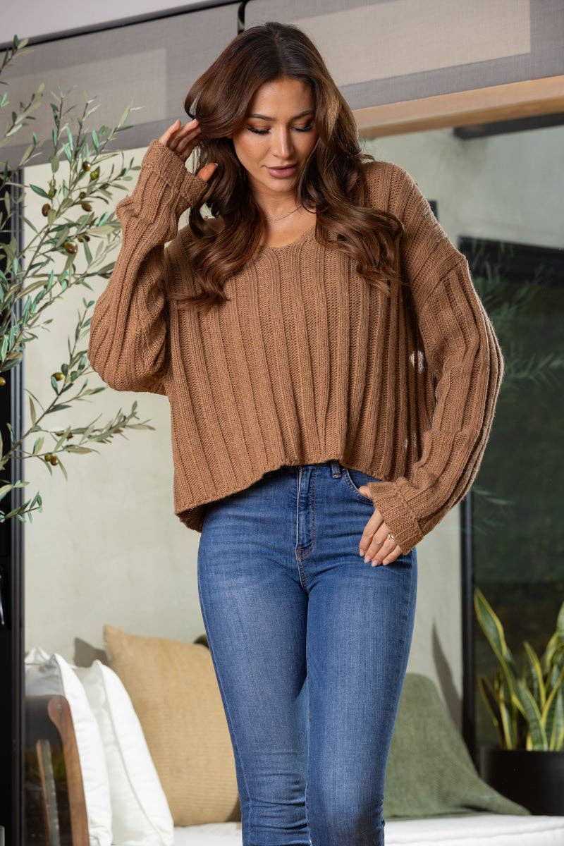 CAMEL V-NECK LONG SLEEVES CROP TOP SWEATER