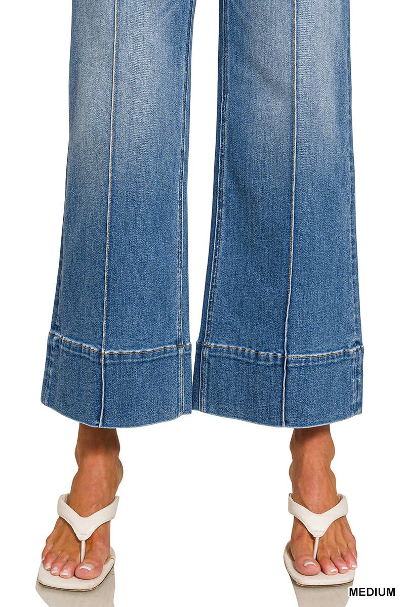 Cropped Wide Leg Pintuck Denim Jean
