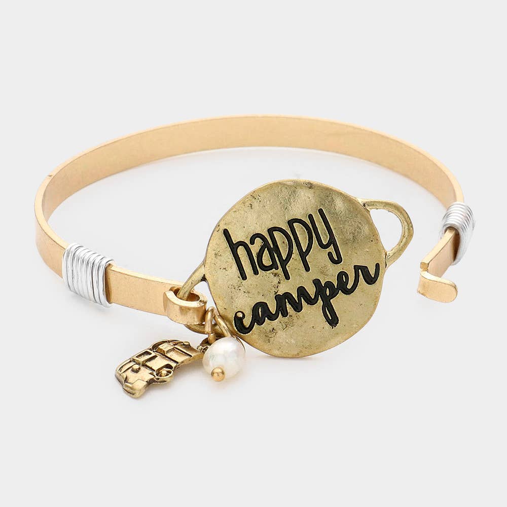Happy Camper Message Charm Hook Bracelet: Worn Gold