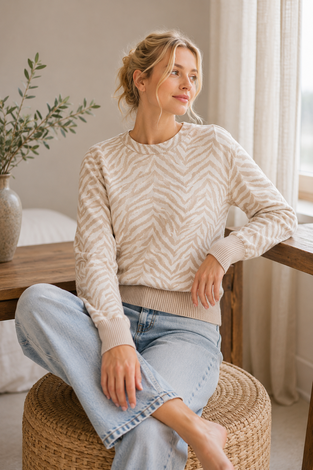 ANIMAL JACQUARD BLOUSON SLEEVE CREWNECK SWEATER: TA/WH / XS