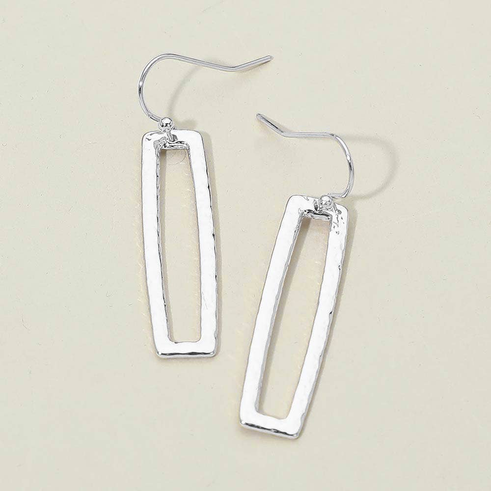 Geometric Metal Open Rectangle Drop Earrings: Rhodium