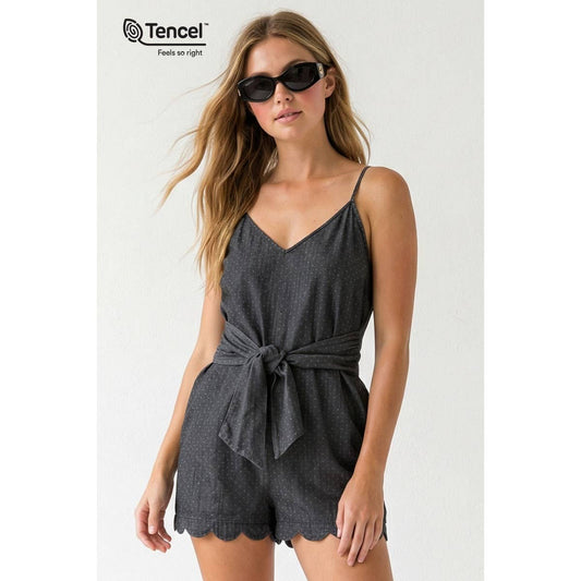 Waist Tie Polka Dot Romper: Vintage Black