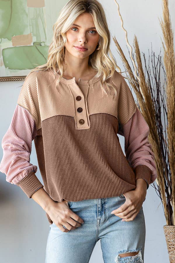 PLUS SIZE Color-block Button Front Drop Shoulder Top