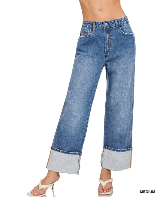 ZENANA HIGH RISE BIG CUFFED WIDE LEG DENIM JEANS