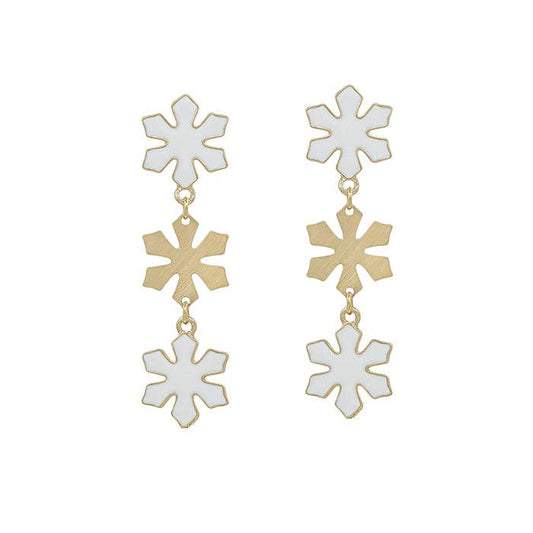 White Epoxy and Gold Metal Snowflake 3 Drop Earring