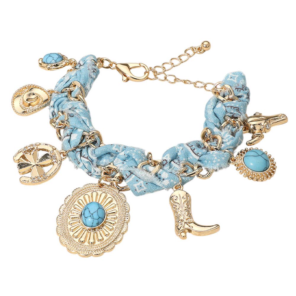 Western Cowboy Hat Boot Charm Station Fabric Chain Bracelet: Gold,Turquoise