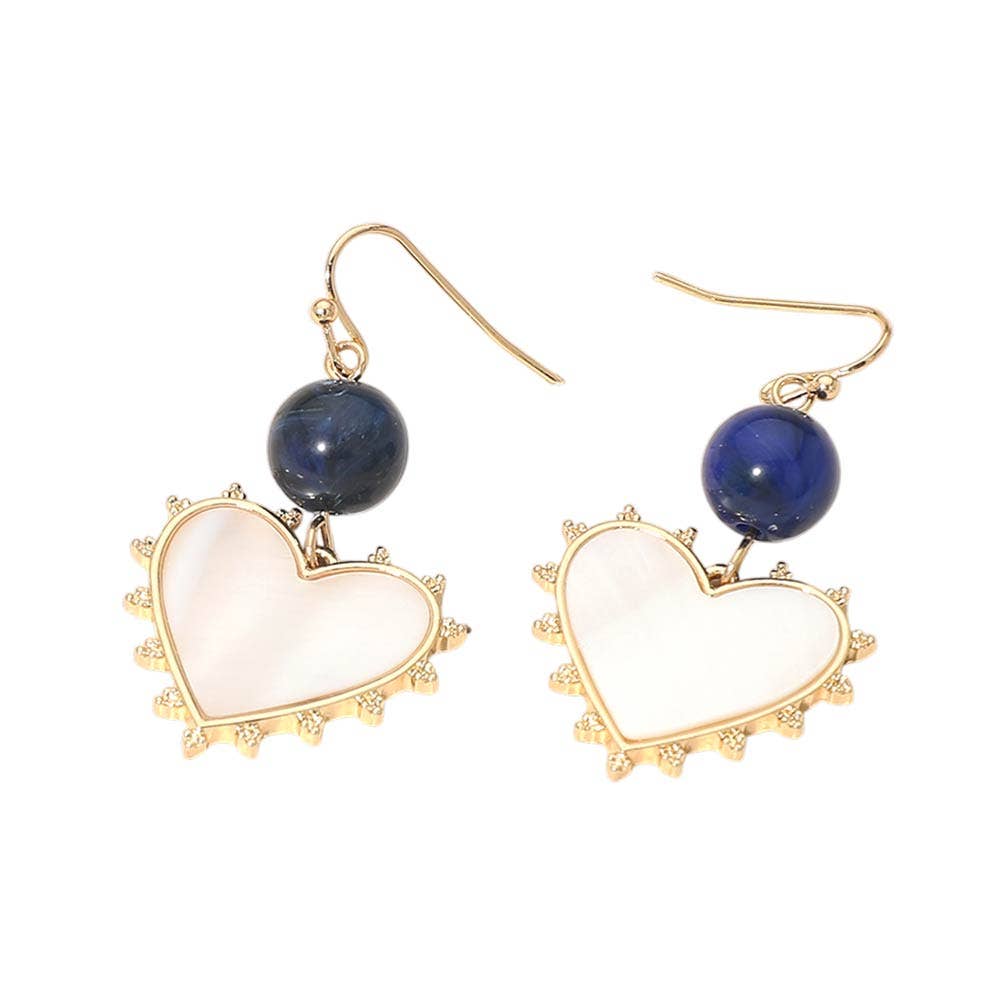 Bead Mother of Pearl Heart Charm Link Drop Earrings: Blue