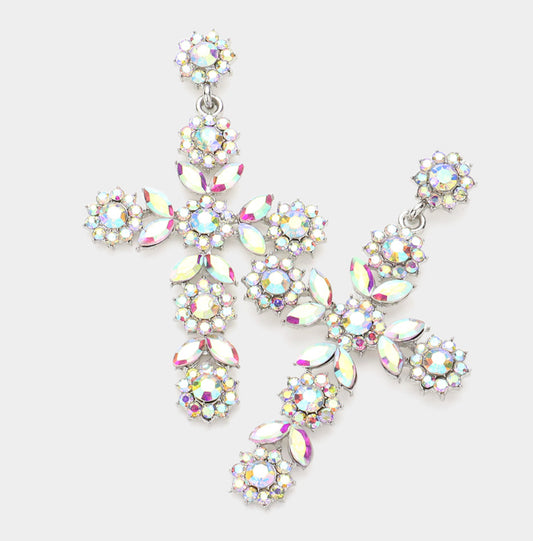 Flower Mqrauise Stone Cluster Pointed Cross Dangle Evening Earrings
