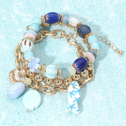 3PCS - Ceramic Fish Ocean Pearl Charm Beaded Multi Layered Bracelets: Blue Gold