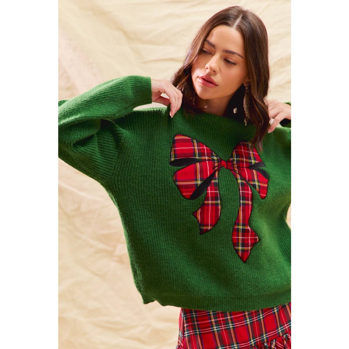 CHECKER PLAID RIBBON CHRISTMAS HOLIDAY SWEATER TOP: GREEN / S