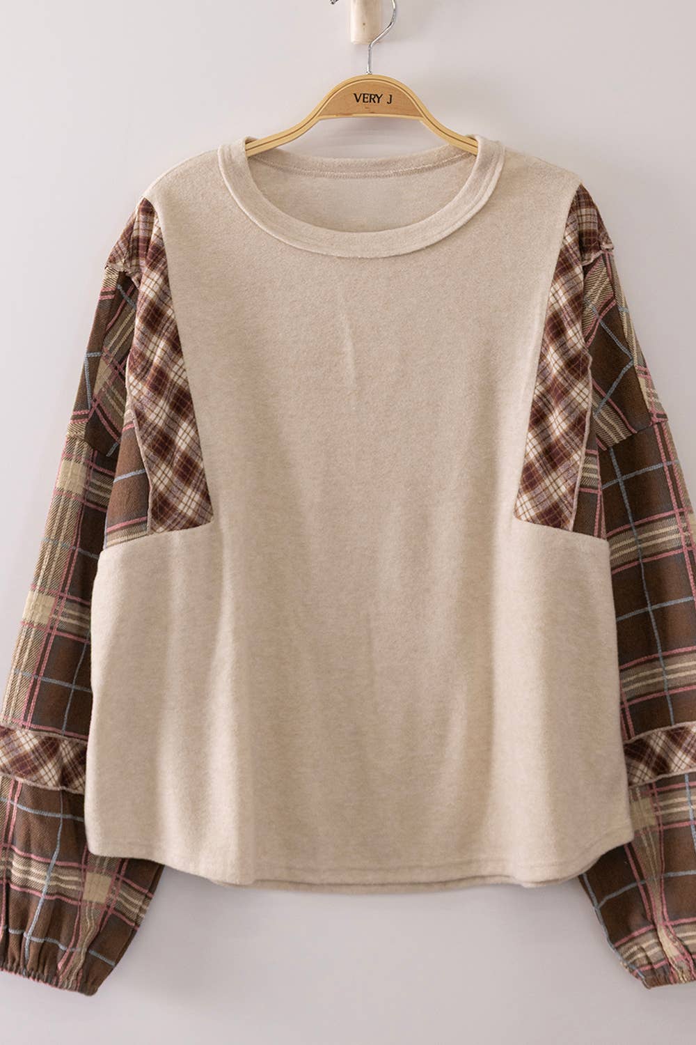 NT12815-Contrast Plaid Sleeve Top: GRAY / S-M-L/2-2-2