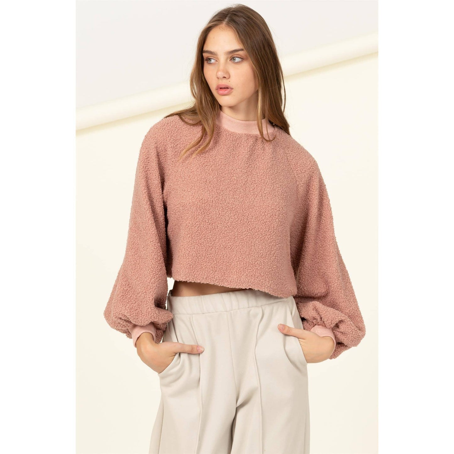 Raglan Balloon Sleeves Fur Pullover