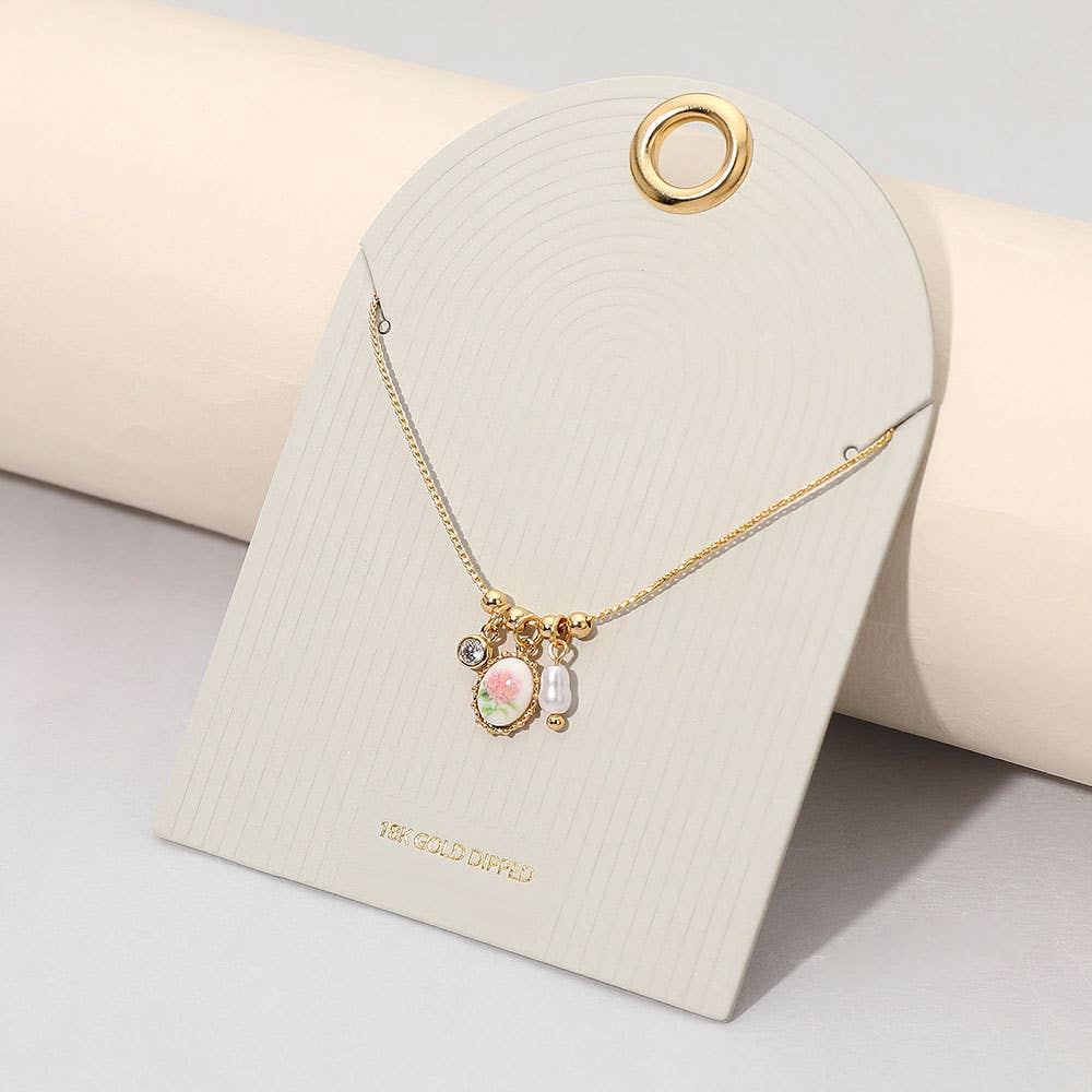 18K Gold Dipped Floral Pearl Stone Bezel Charm Pendant Necklace