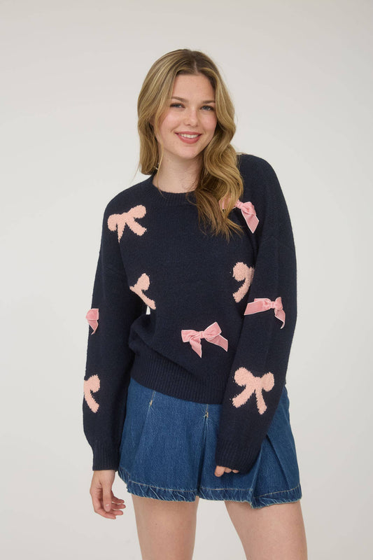 VERY DEMURE BOW PATTERN SWEATER: NAVY