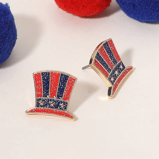 Enamel Sparkly Patriotic Top Hat Stud Earrings