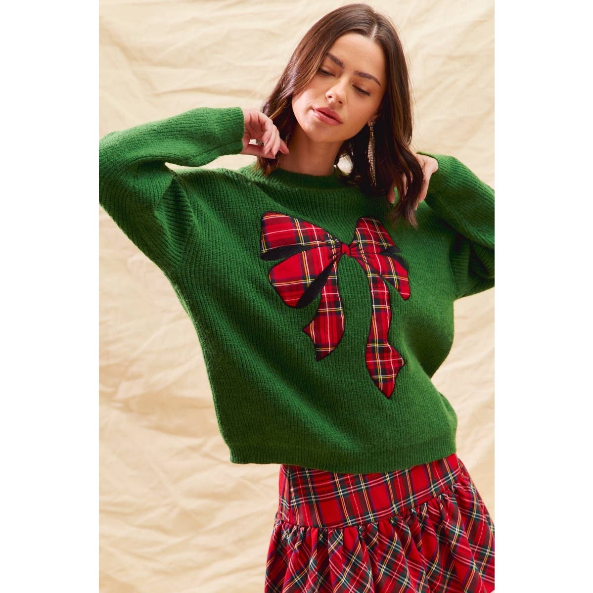 CHECKER PLAID RIBBON CHRISTMAS HOLIDAY SWEATER TOP: GREEN / S