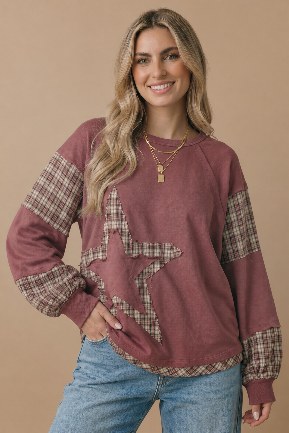 Plaid Contrast Oversized Fit Star Top