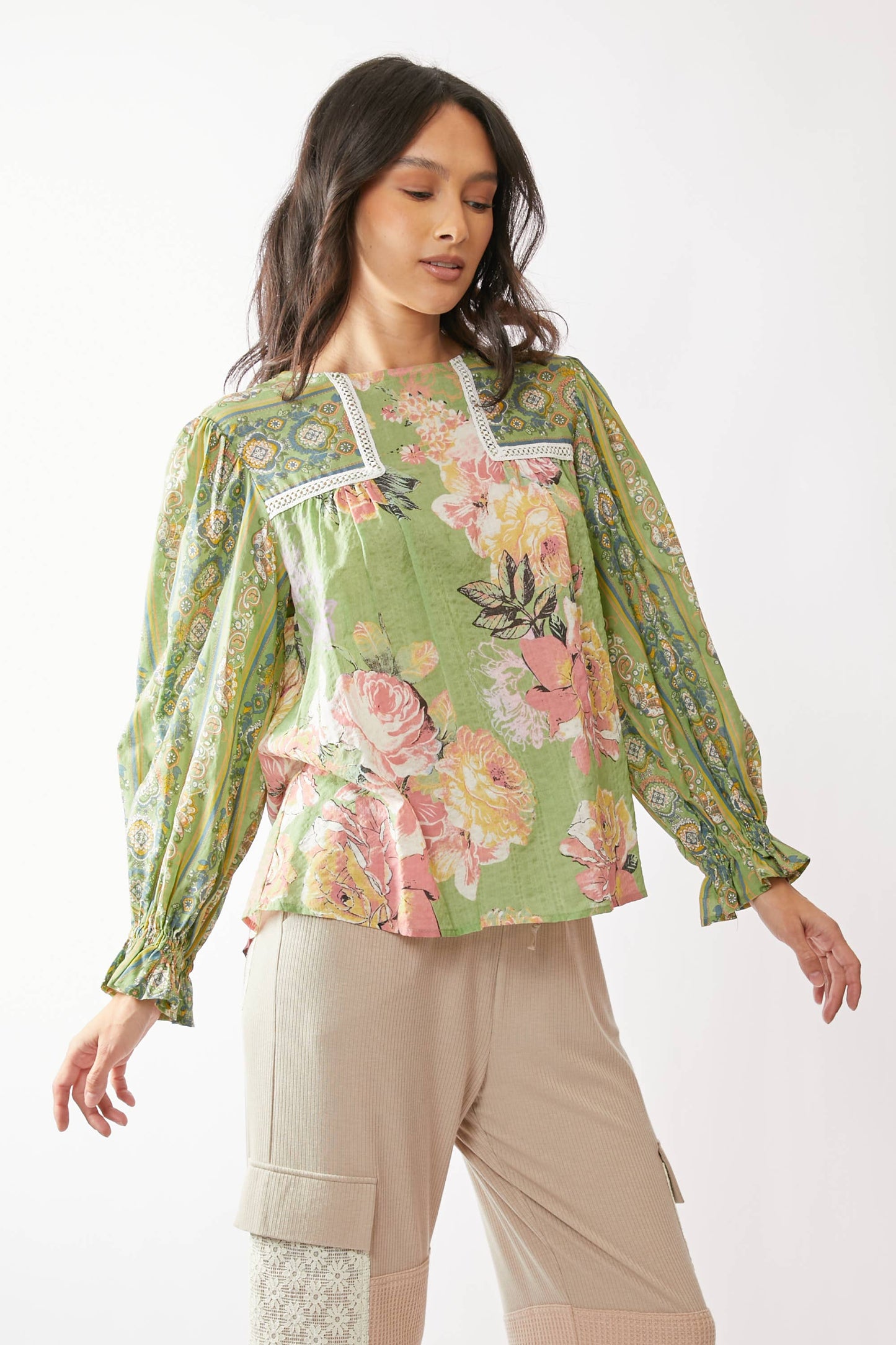 FLOWER BOHO STRIPE PEASANT BABYDOLL TOP