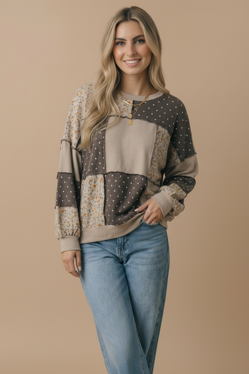 Round Neck Mixed Print Patchwork Pullover: GREY/CHARCOAL / S