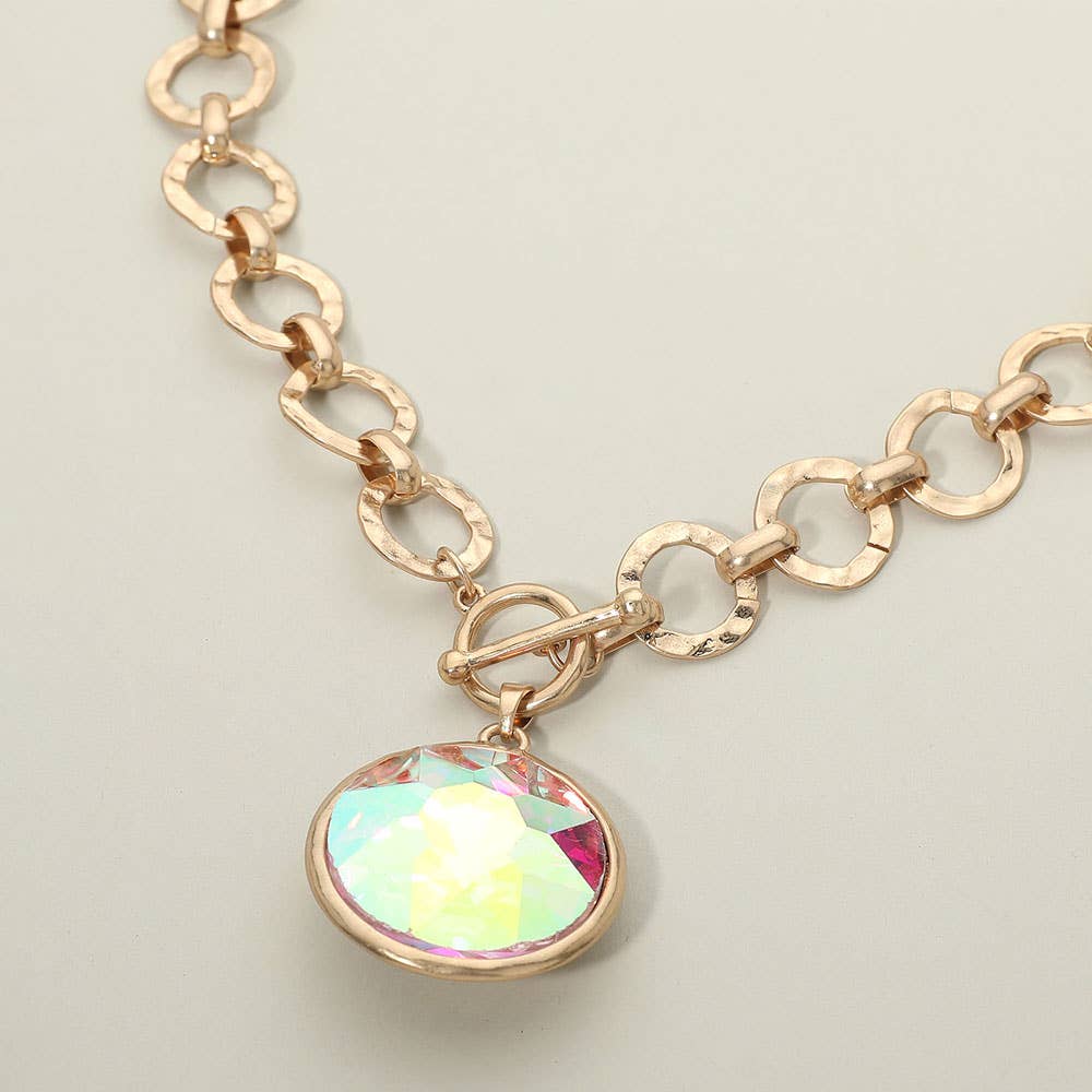 Bold Oval Gemstone Pendant Brushed Metal Chunky Chain Toggle Necklace: Green