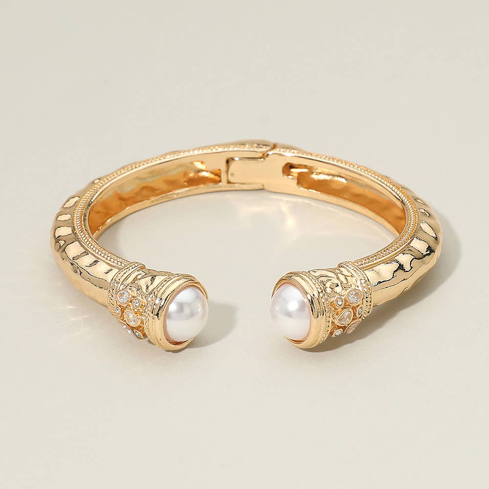 Pearl Tip Accent Hinged Cuff Bracelet: Cream,Gold