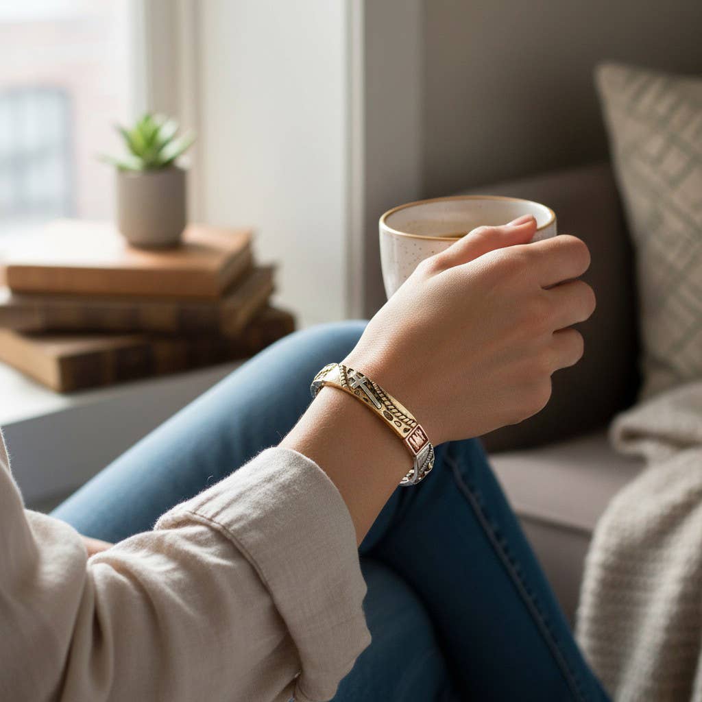Cross Accented Metal Stretch Bracelet: Patina Verdigris