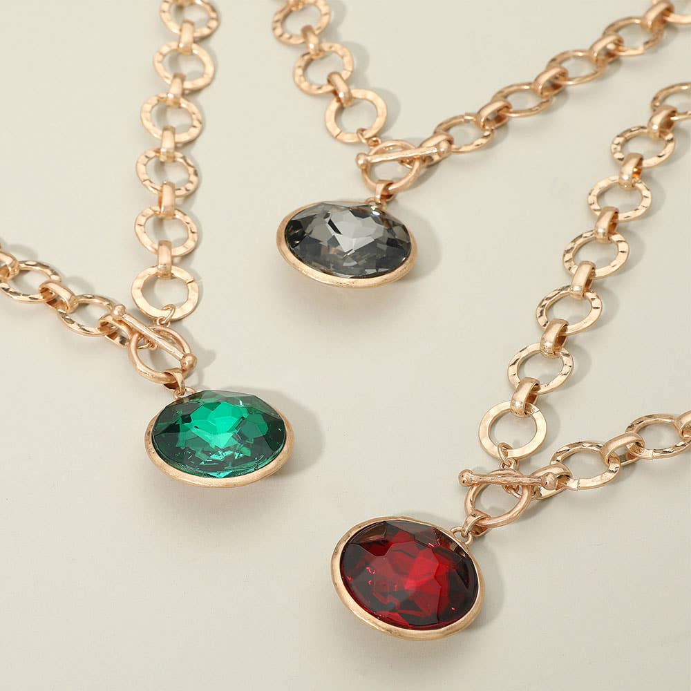 Bold Oval Gemstone Pendant Brushed Metal Chunky Chain Toggle Necklace: Green
