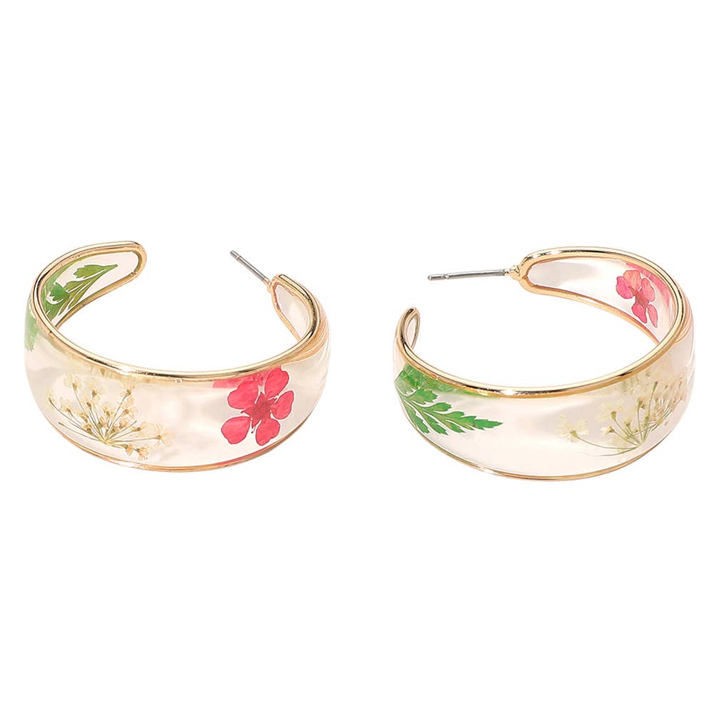 Botanical Floral Encased Hoop Earrings: Gold,Pink