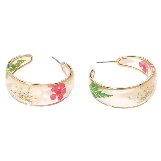 Botanical Floral Encased Hoop Earrings: Gold,Pink